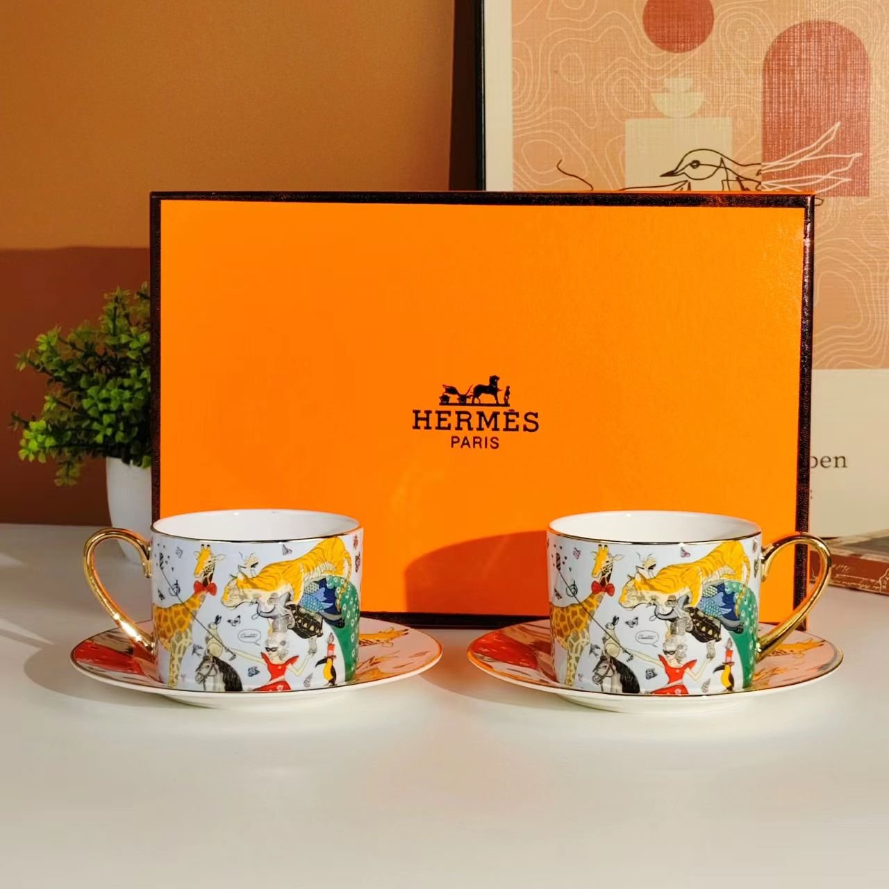 Hermes tea set for 2 colorful cups - Hermes Cups | Aleppo Gift UAE
